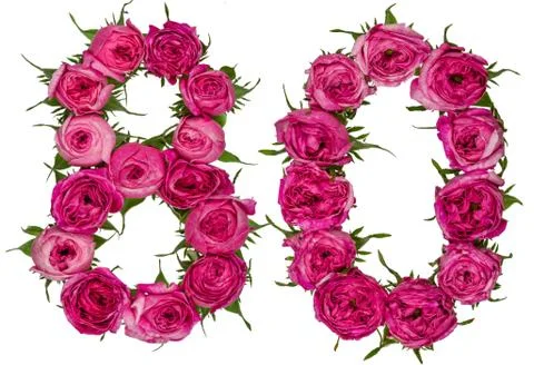 Arabic numeral 80, eighty, from red flowers of rose, isolated on white backgr Stock Photos