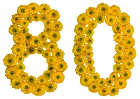 Arabic numeral 80, eighty, from yellow flowers of buttercup, isolated on whit Stock Photos