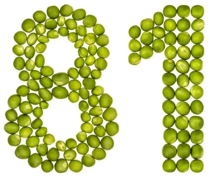 Arabic numeral 81, eighty one, from green peas, isolated on white background Stock Photos