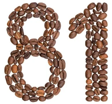 Arabic numeral 81, eighty one, from coffee beans, isolated on white backgroun Stock Photos