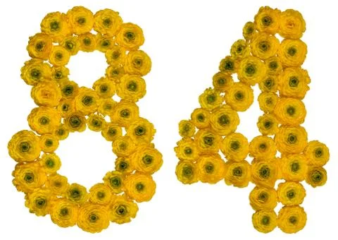 Arabic numeral 84, eighty four, from yellow flowers of buttercup, isolated on Stock Photos