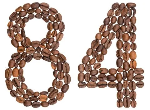 Arabic numeral 84, eighty four, from coffee beans, isolated on white backgrou Stock Photos