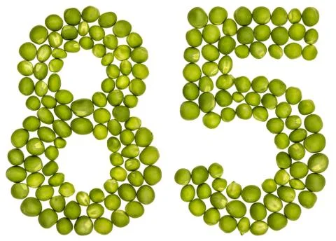 Arabic numeral 85, eighty five, from green peas, isolated on white background Stock Photos