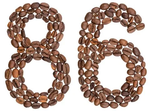 Arabic numeral 86, eighty six, from coffee beans, isolated on white backgroun Stock Photos