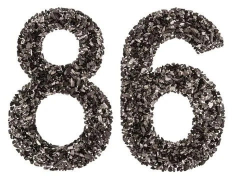 Arabic numeral 86, eighty six, from black a natural charcoal, isolated on whi Stock-Fotos