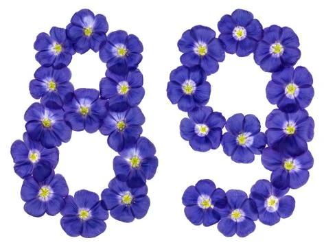 Arabic numeral 89, eighty nine, from blue flowers of flax, isolated on white  Stock Photos