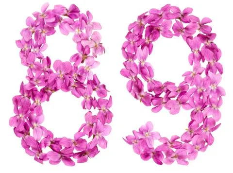 Arabic numeral 89, eighty nine, from flowers of viola, isolated on white back Stock Photos