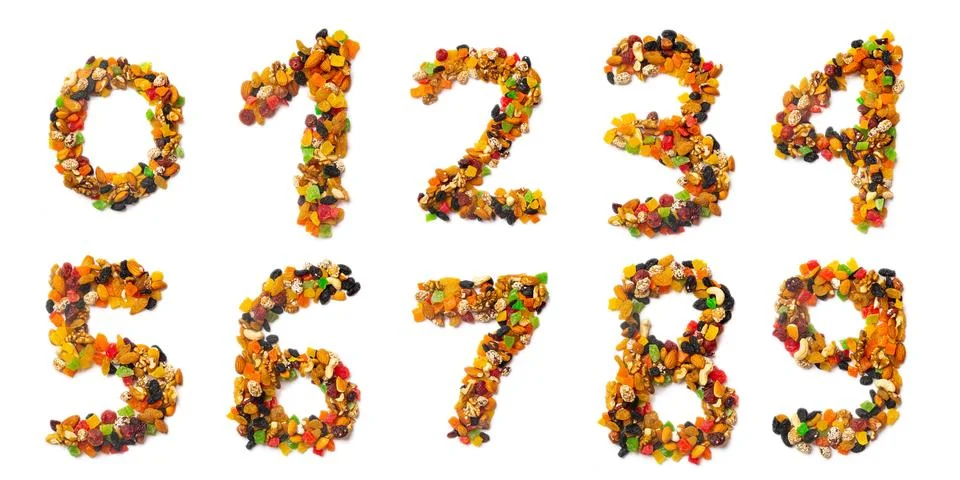 Arabic numerals   from a mixture of hazelnuts, almonds, walnuts, cashews, see Illustrazione stock