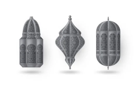 Arabic or Islamic silver lanterns set. Vector illustration. Stock Illustration