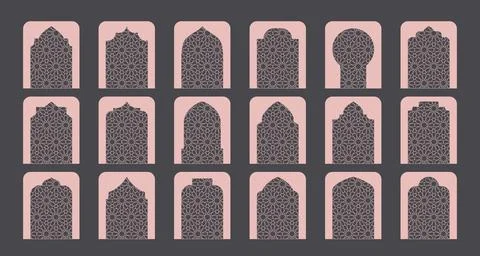Arabic oriental frame, arc, door. Luxury thin line muslim windows, gates on dark Stock Illustration