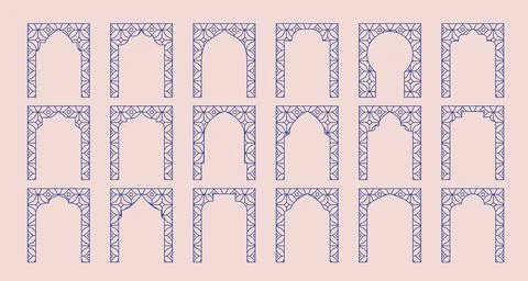 Arabic oriental frame, arc, door. Luxury blue thin line muslim windows, gates Stock Illustration