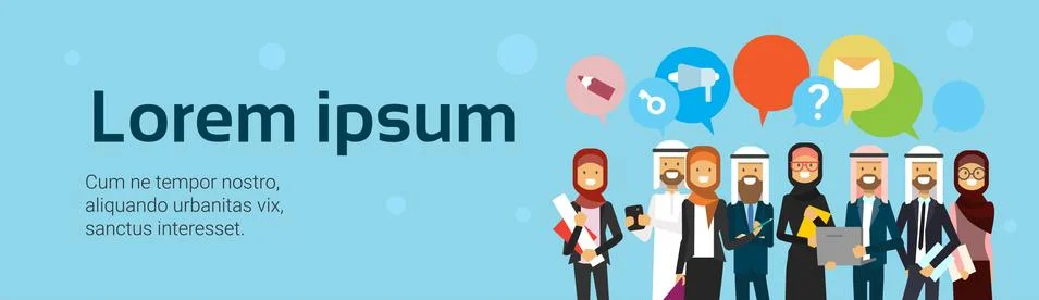 Arabic people group with chat bubbles over blue background. Full length arab  Stock Illustration