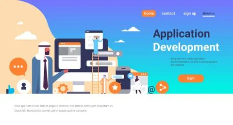 Arabic people working chat bubbles mobile application development concept arab Stock Illustration