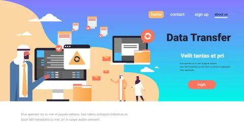 Arabic people working data transfer synchronization computer connection database 스톡 일러스트