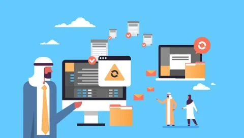 Arabic people working data transfer synchronization computer connection database Illustrazione stock