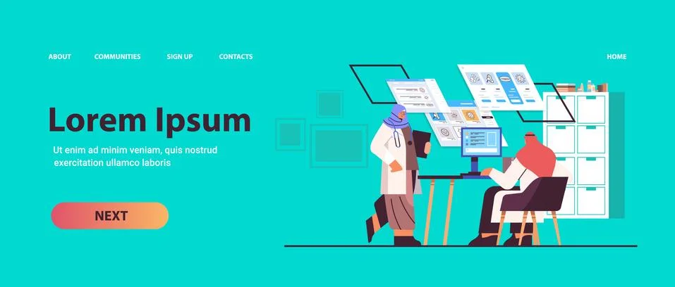 Arabic scientists team analyzing medical data on virtual boards medicine Stock Illustration