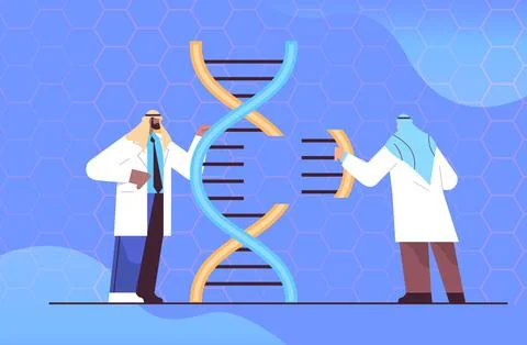 Arabic scientists working with DNA arab researchers making experiment in lab DNA Stock Illustration