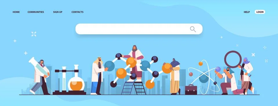 Arabic scientists working with molecular structure arab researchers making Stock Illustration