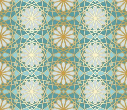 Arabic seamless pattern. Traditional Islamic mosque window with gold grid mosaic Stock Illustration