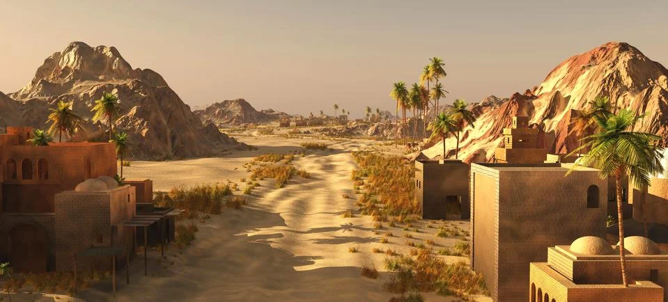 Arabic small town on desert, 3d rendering Stock Illustration