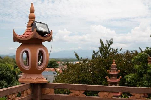 Arabic stone lanterns illuminate the path outside the hotel Stock Photos