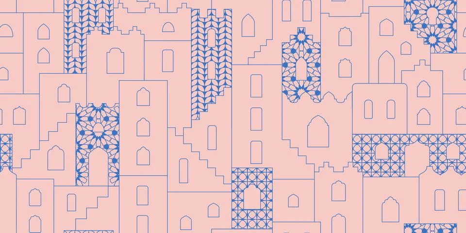 Arabic style cityscape seamless pattern. Moroccan style geometric shape houses Ilustración de archivo
