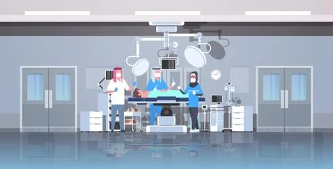 Arabic surgeons team surrounding arab patient lying on operation table during Stock Illustration