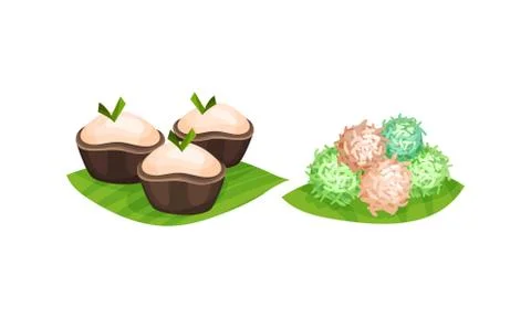 Arabic Sweets Served on Green Leaf Vector Set Stock Illustration