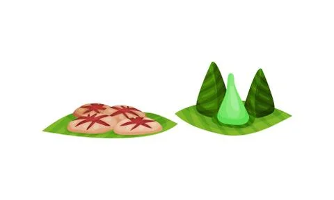 Arabic Sweets Served on Green Leaf Vector Set Stock Illustration