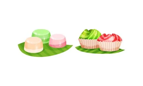 Arabic Sweets Served on Green Leaf Vector Set Stock Illustration
