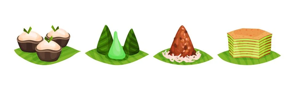 Arabic Sweets Served on Green Leaf Vector Set Stock Illustration
