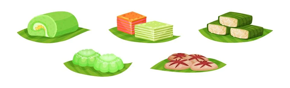Arabic Sweets Served on Green Leaf Vector Set Stock Illustration
