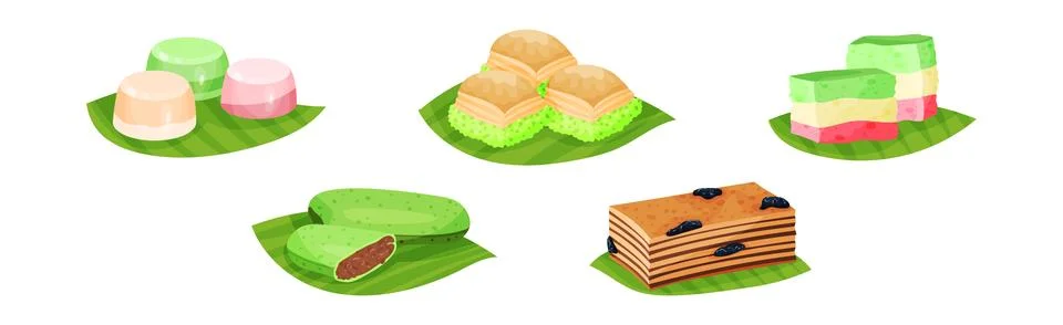 Arabic Sweets Served on Green Leaf Vector Set Stock Illustration