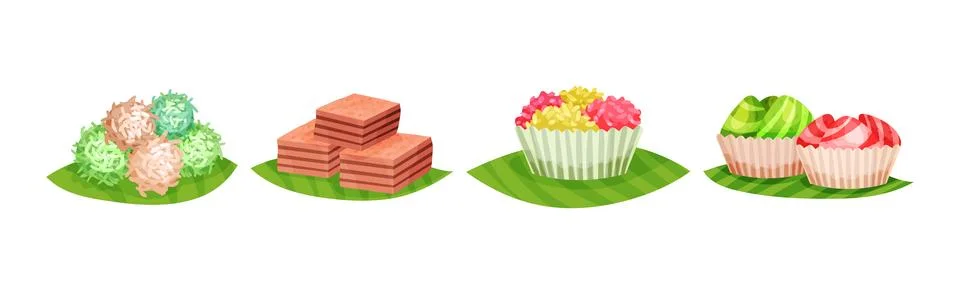 Arabic Sweets Served on Green Leaf Vector Set Stock Illustration