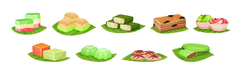 Arabic Sweets Served on Green Leaf Vector Set Stock Illustration