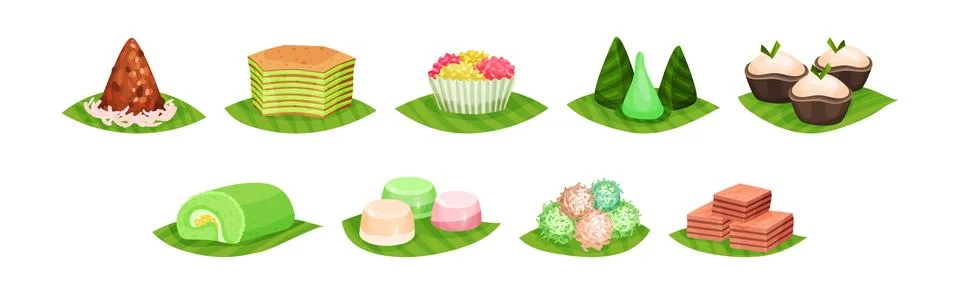 Arabic Sweets Served on Green Leaf Vector Set Stock Illustration