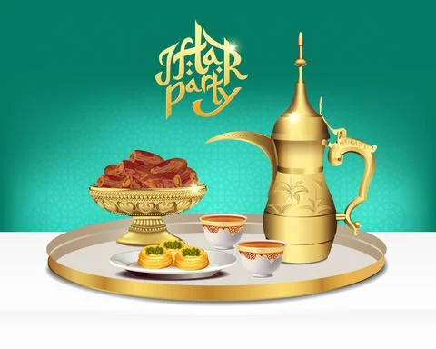 Arabic tea set with bowl of dates. Ramadan iftar party food. 3d vector illust Ilustração Stock