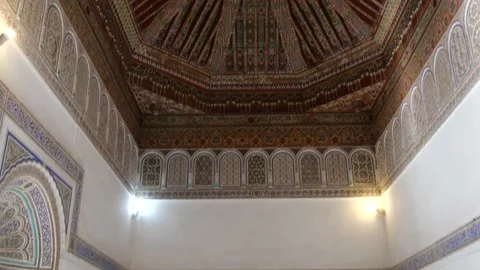 Arabic tiles in ceiling temple in Marrakech Video stock 132340727
