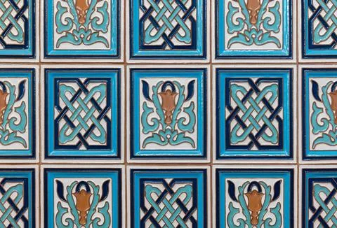 Arabic tiles pattern, ancient wall decoration, close-up front view Stock Photos
