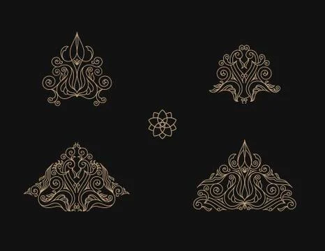 Arabic vector set of frames lines art design templates. Muslim gold outline Stock Illustration