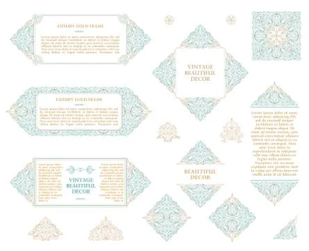 Arabic vector set of frames lines art design templates. Muslim gold outline Stock Illustration