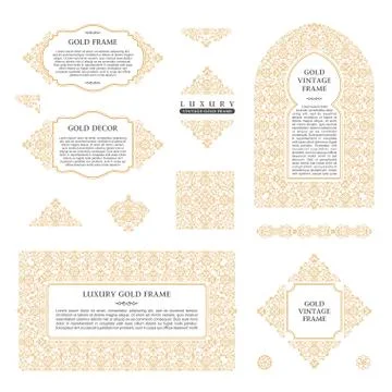 Arabic vector set of frames lines art design templates. Muslim gold outline Illustrazione stock