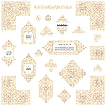 Arabic vector set of frames lines art design templates. Muslim gold outline Illustrazione stock
