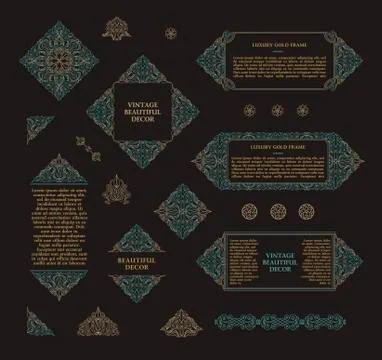 Arabic vector set of frames lines art design templates. Muslim gold outline Stock Illustration