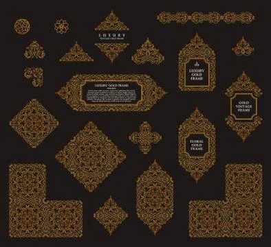 Arabic vector set of frames lines art design templates. Muslim gold outline Stock Illustration