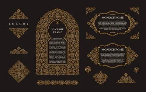 Arabic vector set of frames lines art design templates. Muslim gold outline Stock Illustration