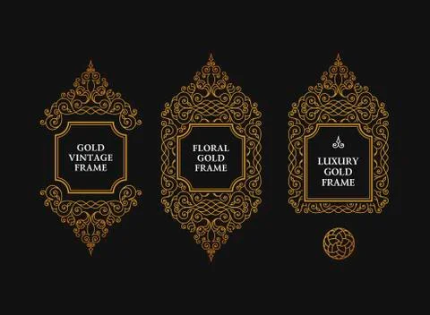 Arabic vector set of frames lines art design templates. Muslim gold outline Stock Illustration