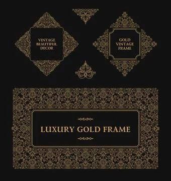 Arabic vector set of frames lines art design templates. Muslim gold outline Illustrazione stock
