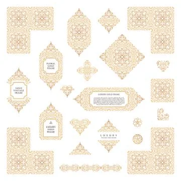 Arabic vector set of frames lines art design templates. Muslim gold outline Stock Illustration