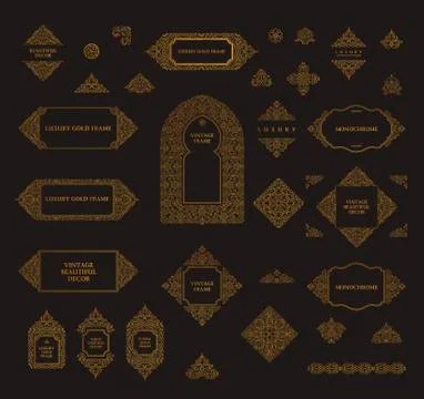 Arabic vector set of frames lines art design templates. Muslim gold outline Stock Illustration